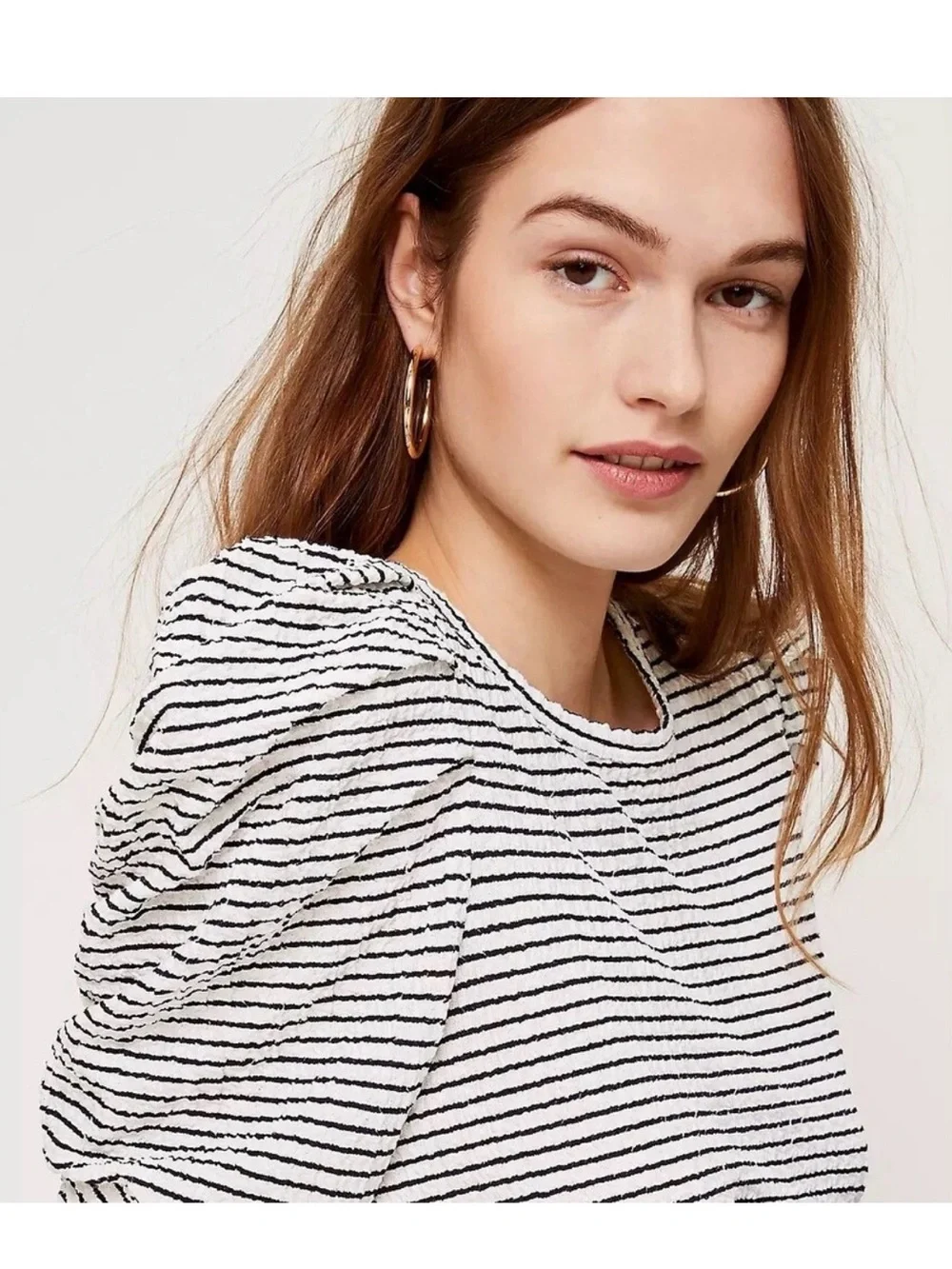 LOFT Striped Puff-Shoulder Long-Sleeve Top